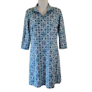J. McLaughlin Blue White Printed UPF Quarter Zip Sport Dress Sz S 3/4 Sleeve
